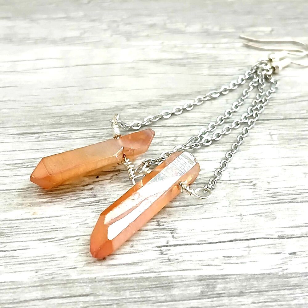 Dyed Orange Quartz Crystal Point Dangles, Gemstone Boho 3.5"